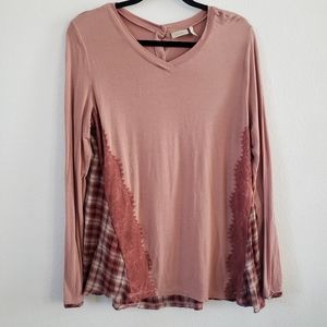 Logo Lori Goldstein Dusty Rose Lace Plaid V-neck